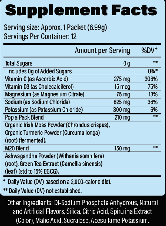 M2O Pop A Pack™ – Blue Dreams Electrolyte Drink Mix (Blue Razz) | Zero Sugar | Hydration & Recovery